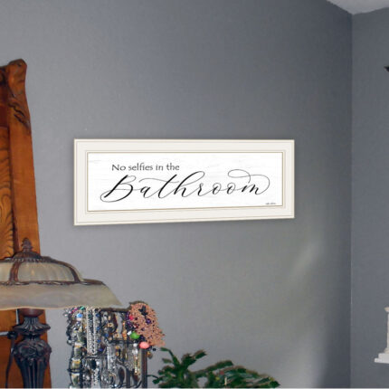 No Selfies in the Bathroom Framed Wall Art for Living Room, Home Wall Decor Print by Lori Deiter - Chic Decora