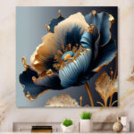 Offerman Deep Blue and Gold Single Flower III - Blue Flower Print Art on Metal