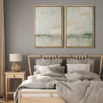 Pastel Green Abstarct Lake Landscape Neutral Minimalist Framed Canvas 2 Pieces Print Set Wall Art - Image 4