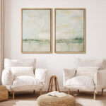 Pastel Green Abstarct Lake Landscape Neutral Minimalist Framed Canvas 2 Pieces Print Set Wall Art - Image 5