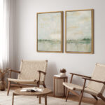 Pastel Green Abstarct Lake Landscape Neutral Minimalist Framed Canvas 2 Pieces Print Set Wall Art - Image 7