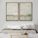 Pastel Green Abstarct Lake Landscape Neutral Minimalist Framed Canvas 2 Pieces Print Set Wall Art