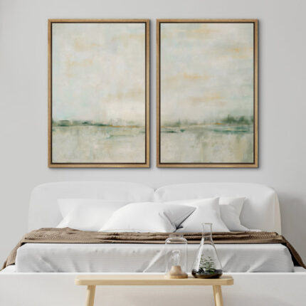 Pastel Green Abstarct Lake Landscape Neutral Minimalist Framed Canvas 2 Pieces Print Set Wall Art - Chic Decora