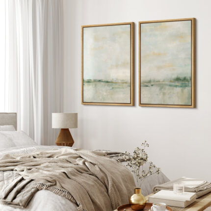 Pastel Green Abstarct Lake Landscape Neutral Minimalist Framed Canvas 2 Pieces Print Set Wall Art - Chic Decora