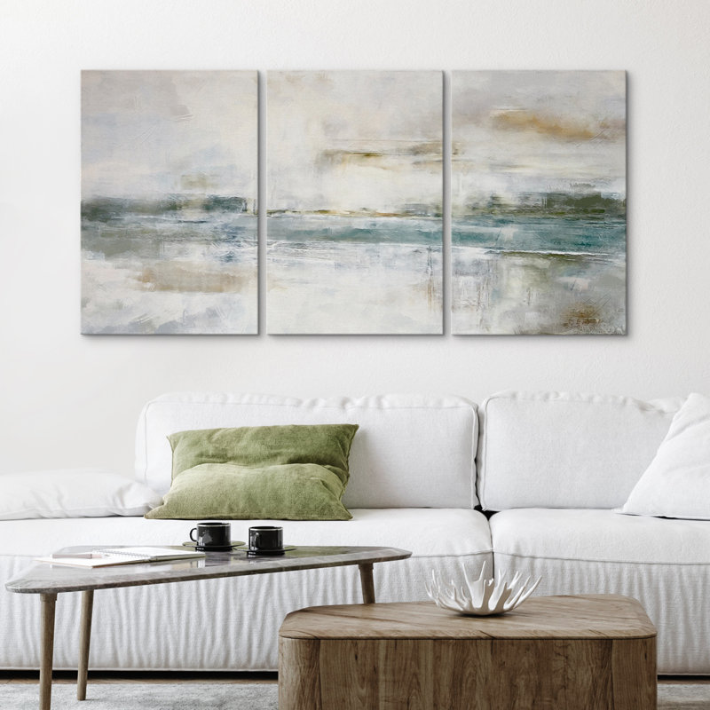 Pastel Green Gray Industrial Minimalist Chic Abstract Landscape Frame Canvas 3 Piece Print Wall Art - Chic Decora