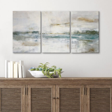 Pastel Green Gray Industrial Minimalist Chic Abstract Landscape Frame Canvas 3 Piece Print Wall Art - Chic Decora