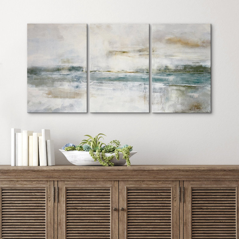 Pastel Green Gray Industrial Minimalist Chic Abstract Landscape Frame Canvas 3 Piece Print Wall Art - Chic Decora