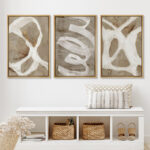 Pastel Tan Brown Green Neutral Modern Artwork Abstract Picture Framed Canvas 3 Piece Print Wall Art - Image 3