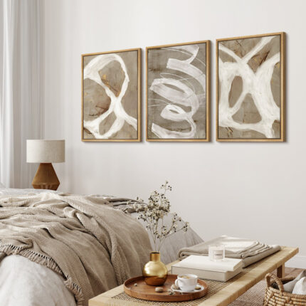 Pastel Tan Brown Green Neutral Modern Artwork Abstract Picture Framed Canvas 3 Piece Print Wall Art - Chic Decora