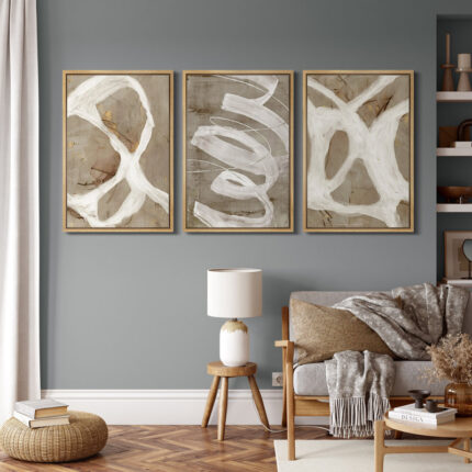 Pastel Tan Brown Green Neutral Modern Artwork Abstract Picture Framed Canvas 3 Piece Print Wall Art - Chic Decora