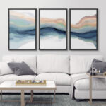 Pastel Watercolor Blue Paint Stroke Abstract Landscape- Framed Canvas Print Wall Art Work Home Decor