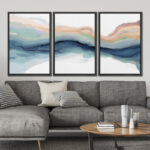 Pastel Watercolor Blue Paint Stroke Abstract Landscape- Framed Canvas Print Wall Art Work Home Decor - Image 2