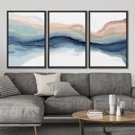Pastel Watercolor Blue Paint Stroke Abstract Landscape- Framed Canvas Print Wall Art Work Home Decor - Chic Decora