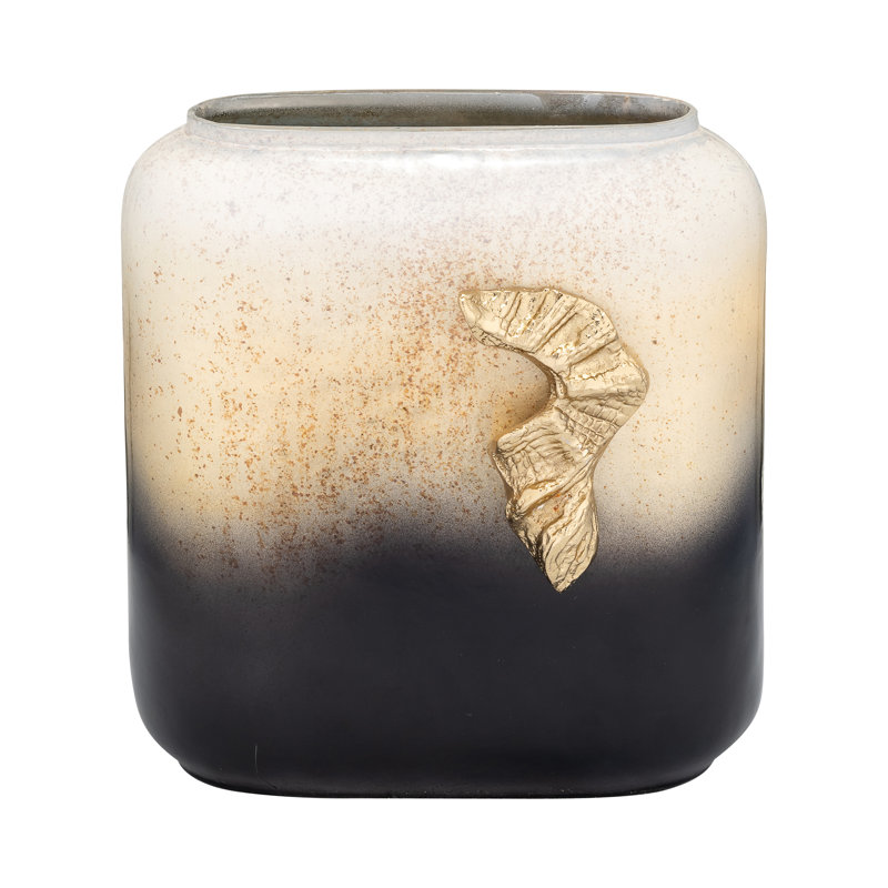 Placida Decorative Glam Glass and Metal Round Modern Vase with Textured Metallic Accent