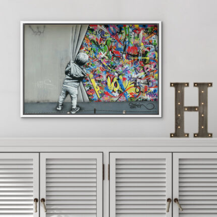 Pop Urban Street Banksy British Artist Kid Spray Paint Curtain Illusion Colorful Large Canvas Print Wall Art - Chic Decora