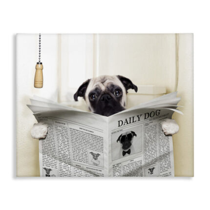 Pug Reading Newspaper in Bathroom – Graphic Art Print - Chic Decora