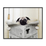 Pug Reading Newspaper in Bathroom - Graphic Art Print