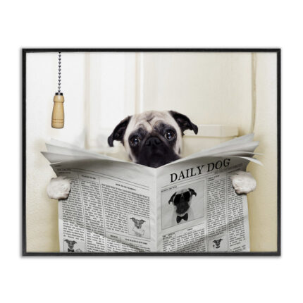Pug Reading Newspaper in Bathroom – Graphic Art Print - Chic Decora