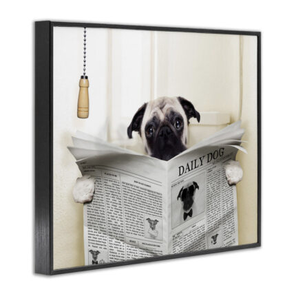 Pug Reading Newspaper in Bathroom – Graphic Art Print - Chic Decora