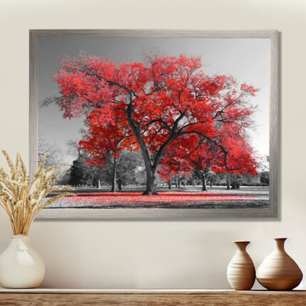 Red Tree on Grey Tone – Tree wall art, Red Tree canvas art print - Chic Decora
