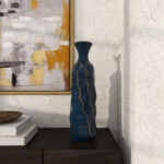 Renick Ceramic Faceted Decorative Teal Vase with Gold Accents - Image 2