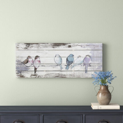 Runda Perched Birds – Hand Painted Wood Plank Panel Wall Décor - Chic Decora