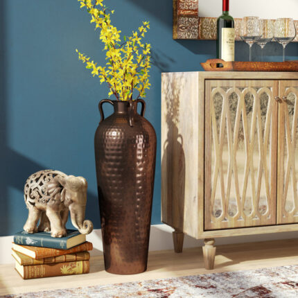 Russia Brown Metal Tall Floor Mediterranean Style Decorative Brown Vase with Hammered Details and Handles - Chic Decora