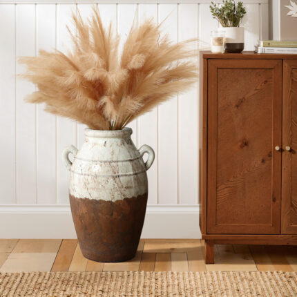 Rustic Cream and Brown Terracotta Urn with Handles 18.5-Inch Tall Vase - Chic Decora