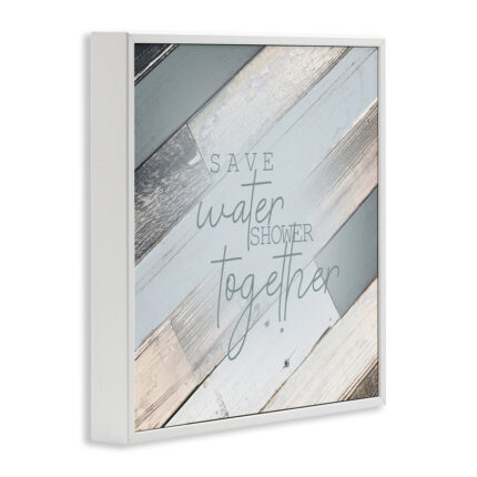 Save Water Shower Together Slate Blue Planked Wood Look by Kimberly Allen – Textual Art Print - Chic Decora