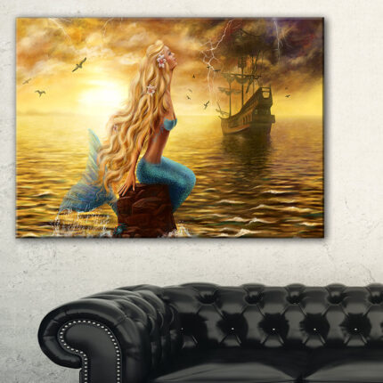 Sea Mermaid with Ghost Ship - Graphic Art Print