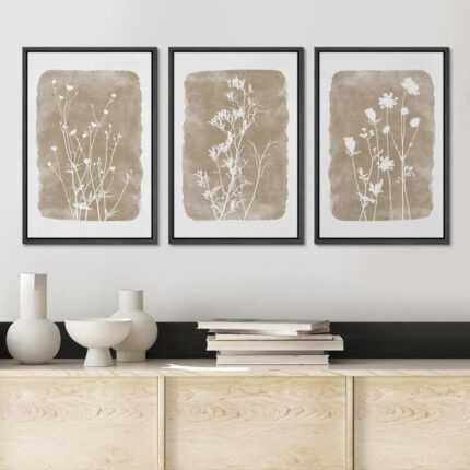 Simple Rustic Botanical Floral Vintage Wildflower Pictures Framed On Canvas 3 Pieces Print Wall Art - Chic Decora