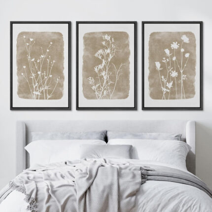 Simple Rustic Botanical Floral Vintage Wildflower Pictures Framed On Canvas 3 Pieces Print Wall Art - Chic Decora