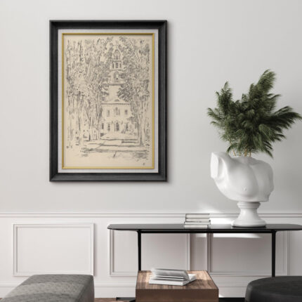 Sketch Church French Country Nature Landscape Illustrations Rustic Farmhouse Framed Print Wall Art