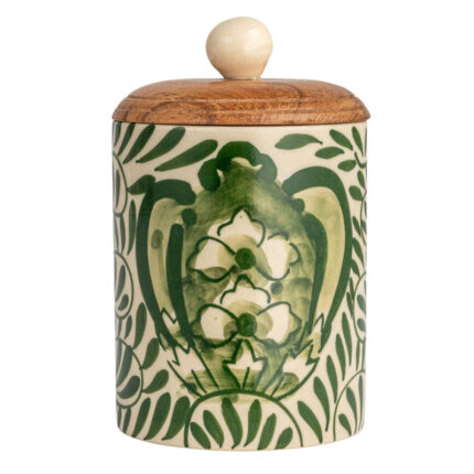 Stoneware Canister with Botanical Design and Acacia Wood Lid, Green - Chic Decora