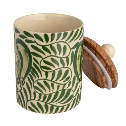 Stoneware Canister with Botanical Design and Acacia Wood Lid, Green - Chic Decora