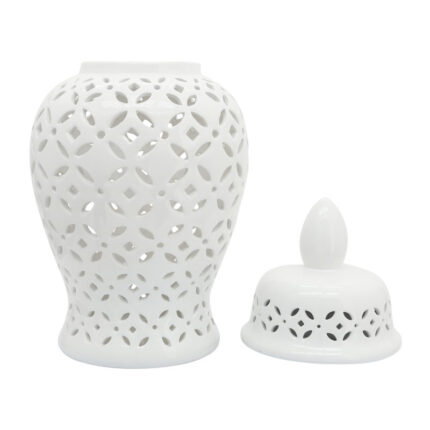 Stoneware Ceramic Lidded Decorative Jar with Intricate Cutout Design – Elegant and Stylish Accent Piece for Home Decor, Display, and Decorative Storage - Chic Decora