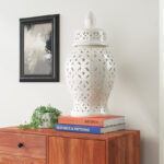 Stoneware Ceramic Lidded Decorative Jar with Intricate Cutout Design - Elegant and Stylish Accent Piece for Home Decor, Display, and Decorative Storage