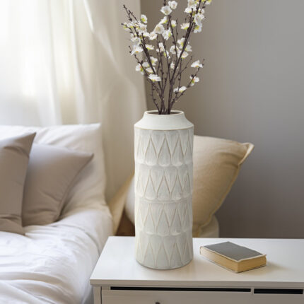 Stoneware Ceramic Vase with Textured Cylindrical Body and Geometric Detailing – Modern Decorative Accent Vase for Contemporary Interiors - Chic Decora