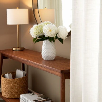 Stoneware Ceramic Vase with Textured Diamond Basket-Weave Pattern and Brown Rim – 6x6x9 White Casual Home Decor for Living Room, Office, Bedroom or Home Display - Chic Decora