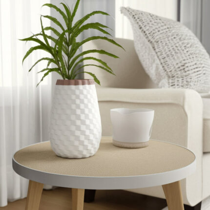 Stoneware Ceramic Vase with Textured Diamond Basket-Weave Pattern and Brown Rim – 6x6x9 White Casual Home Decor for Living Room, Office, Bedroom or Home Display - Chic Decora