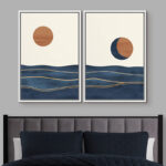Sun And Moon " Abstract Sun Over Blue Watercolor Ocean Waves Modern Minimalist Landscape " 2 - Pieces - Image 5