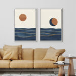 Sun And Moon " Abstract Sun Over Blue Watercolor Ocean Waves Modern Minimalist Landscape " 2 - Pieces - Image 6