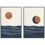 Sun And Moon " Abstract Sun Over Blue Watercolor Ocean Waves Modern Minimalist Landscape " 2 - Pieces - Image 7