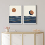 Sun And Moon " Abstract Sun Over Blue Watercolor Ocean Waves Modern Minimalist Landscape " 2 - Pieces