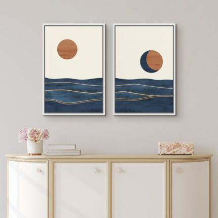 Sun And Moon ” Abstract Sun Over Blue Watercolor Ocean Waves Modern Minimalist Landscape ” 2 – Pieces - Chic Decora