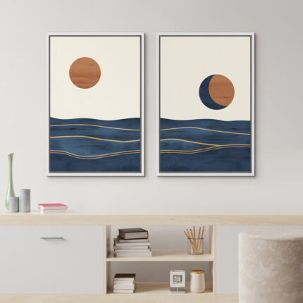 Sun And Moon ” Abstract Sun Over Blue Watercolor Ocean Waves Modern Minimalist Landscape ” 2 – Pieces - Chic Decora