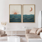 Sun And Moon " Shining Sun And Crescent Moon Over Teal Ocean Waves " 2 - Pieces - Image 4