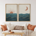 Sun And Moon " Shining Sun And Crescent Moon Over Teal Ocean Waves " 2 - Pieces