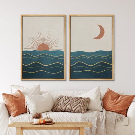 Sun And Moon ” Shining Sun And Crescent Moon Over Teal Ocean Waves ” 2 – Pieces - Chic Decora