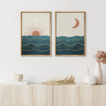 Sun And Moon " Shining Sun And Crescent Moon Over Teal Ocean Waves " 2 - Pieces - Image 2